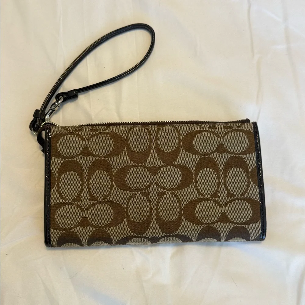 Coach | Brown Signature Canvas Wristlet with Dark Trim